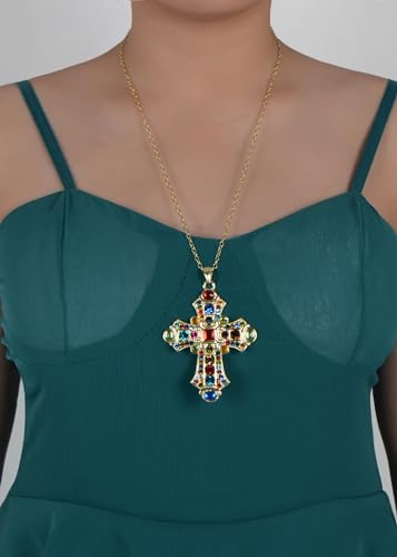 Image of Alilang Ornate Antique Golden Tone Colorful Rhinestone Cross Pendant Necklace