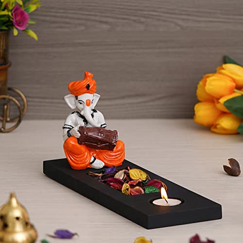 Image of eCraftIndia Orange White Resin Lord Ganesha Idol Playing Dholak Showpiece Potpourri Rectangle Tea Light Candle Holder| Ganpati Murti Tea Light Holder Diwali Decoration Items for Home Decor|Diwali Gift