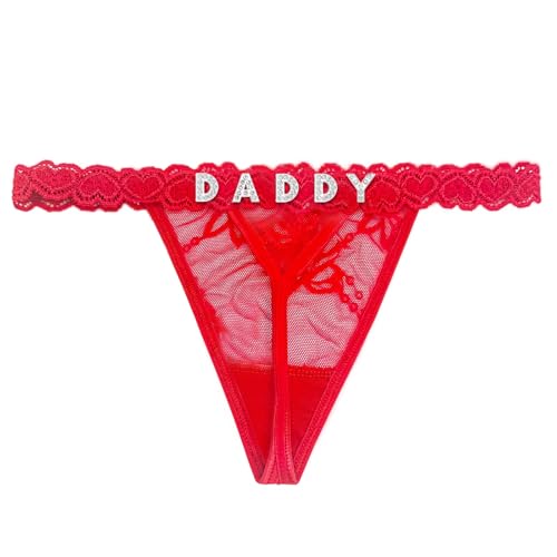 Eoribag Women's Personalized Lace Thongs with Funny Rhinestone Letters, Custom Name Underwear Panties for Couples, Christmas & Valentine's Day Gift, Red