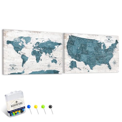 Image of IPIC Antique Blue World Map Pin Board and USA Map, Set of 2, Size 42x28 in