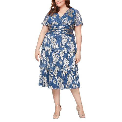 Image of S.L. Fashions Women's Short Sleeve Tea Length V-Neck Mother of The Bride Dress with Ruched Waist, Wedding Guest (Plus Size)