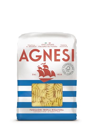 Agnesi Fusilloni Rigati Rigatissime - Pasta di Semola di Grano Duro 100% Italiano, Trafilatura al Bronzo, Confezione in Carta FSC, 500 Grammi
