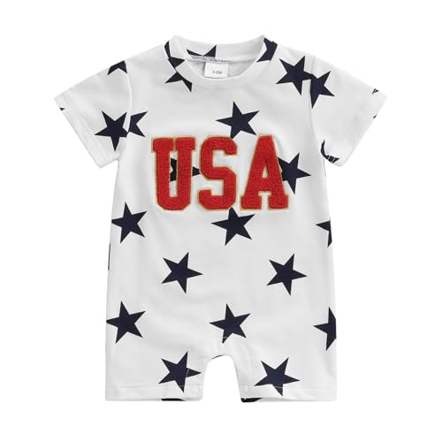 Image of Amnnchya Newborn 4th Of July Outfit Baby Boy Girl Romper USA Stars Bodysuit Fourth Of July Memorial Cute Summer Clothes