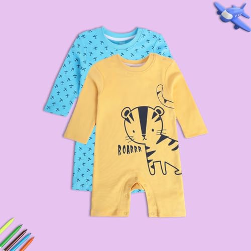 Image of miniklub Baby Round Neck Knitted Cotton Printed Romper, Pack of 2 (Blue /Yellow Color)