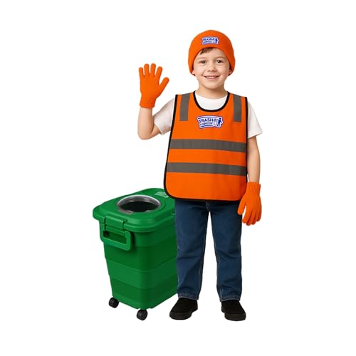 Trash Collector Costume & Pretend Play Set for Kids Ages 2–6 Years – Includes Vest, Hat, Gloves & Collapsible Rolling Trash Can | Halloween & Christmas Gift for Boys and Girls.