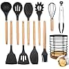 Daily Treasures 12PCS Silicone Kitchen Utensil Sets,Wooden Handle Cooking Utensils Set with Farmhouse Utensil Holder,Heat Resistant Non Stick Kitchen Utensils Set,Black Kitchen Accessories Set Spatula