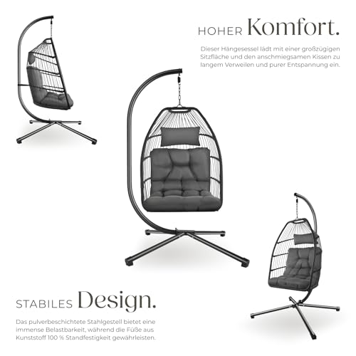 tectake® Hängesessel mit Gestell, Dicke Kissen, Möbel, Deko für Wohnzimmer, Jugendzimmer, Balkon, Outdoor oder Indoor Schaukel Sessel, Kinder & Erwachsene, belastbar bis 160kg - dunkelgrau 3