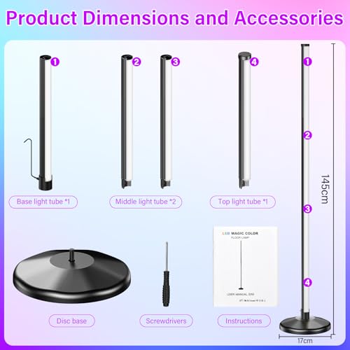 Image of NIKYJM LED Floor Lamp Living Room 145 cm RGB Floor Lamp Dimmable Floor Lamp LED Corner Lamp with Remote Control and App, 16 Million Colours, 300 Scene Modes Music Modes DIY Mode for Living Room Office