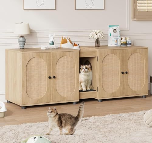 GarveeHome Large Cat Litter Box Enclosure Furniture, 55.1" Double Litter Cabinet for Two Cats with Hidden Design, Rattan Door Cat Box House with Storage, Wood, Rattan Door