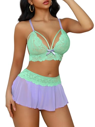 Image of CRIPOM Sexy Lingerie for Women Naughty 3 Piece Lace Bralette, Mini Skirt with G-String Crotchless Lingerie Outfits
