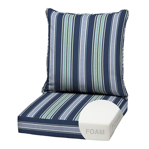 Image of Arden Outdoor Foam Deep Seat Cushion Set, 22x24, Premium High-Density Foam, Never Flattens, Weather-Proof for Patio Chair Sofa Couch, Sapphire Aurora Blue Stripe