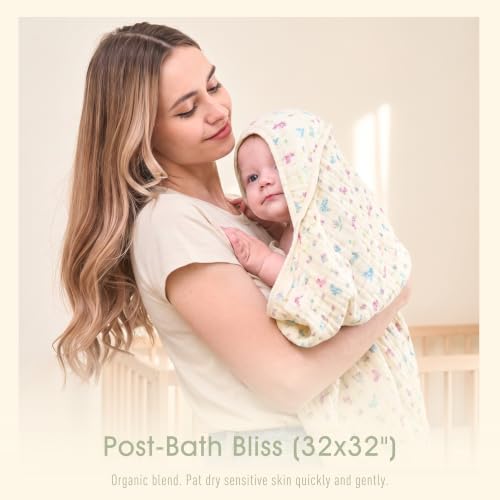 Image of Muslin Baby Hooded Towel, Wildflower Floral, 32 inchx32 inch | 70% Organic Cotton & 30% Viscose from Bamboo, 6-Layer Fabric, Soft for Bath & Beach, Eco Kraft Gift Box