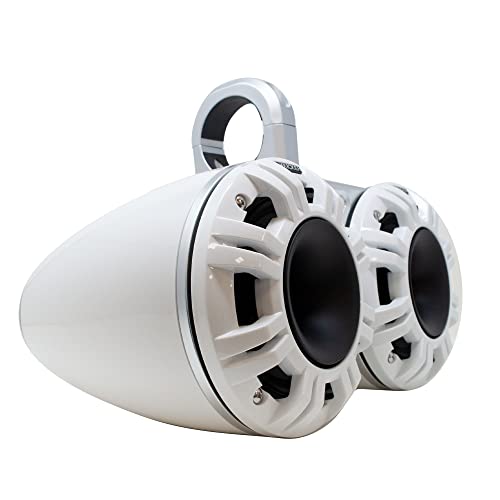 Image of KICKER KMXL Tower Speaker Bundle - Dual 6.5 inch Horn-Load Marine Wake Tower Speaker Pods with RGB LEDs, White, Pair