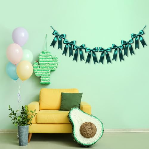 Image of 2 Strings of 16PCS Dark Green Bow Garlands Banner Decoration,Pre-Strung Satin Ribbon Ornaments for Birthday,Bachelorette Party,Bridal Shower,Wedding,Engagement,Baby Shower,Graduation Decor,Anniversary