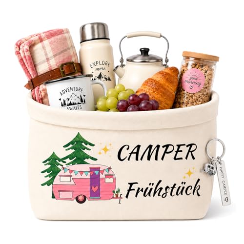 2 Stück Camper Geschenke Set Wohnwagen Motiv Brotkorb und Schlüsselanhänger Baumwolle Brötchenkorb Camping Zubehör Wohnwagen Deko Camping Geschenke für Junge Mädchen Frauen Männer