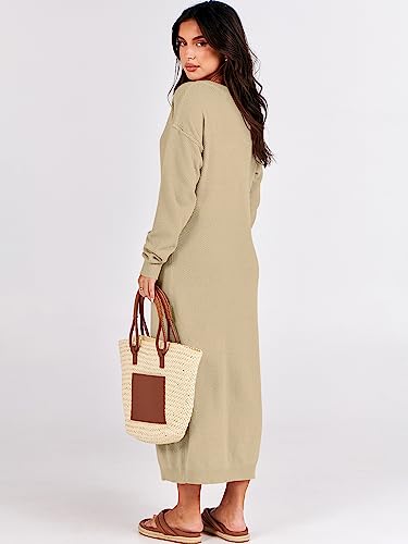 Image of ANRABESS Women Long Sleeve Button V Neck Oversized Casual Loose Fit Waffle Knit Fall Midi Sweater Dress 2026 Trendy Outfits