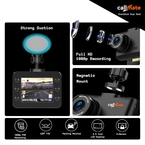 Image of CALLMATE Roadrunner Full HD 1080p Car Dashboard Camera, 2.5 inch LCD Display with AV Port for Parking Monitor (G-Sensor & Motion Detection) Upto 32GB External Memory Capacity (Black, Suction Lock)