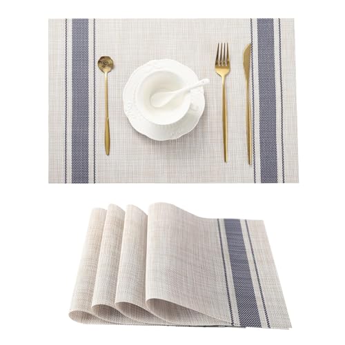 Image of Placemats Set of 6 Dining Table Place Mats | Placemats Table Mat PVC Material | Non-Slip Heat Resistant | Dining Tablemates Washable Anti-Skid | Size 45 x 30cm (Khakhi Blue)
