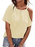 datasy Damen Shirt Off Shoulder Bluse Schulterfrei Oberteil Locker Sommer Sexy Fledermaus Top Loose Tunika Halterneck Carmen Sommershirt Aprikose Klein