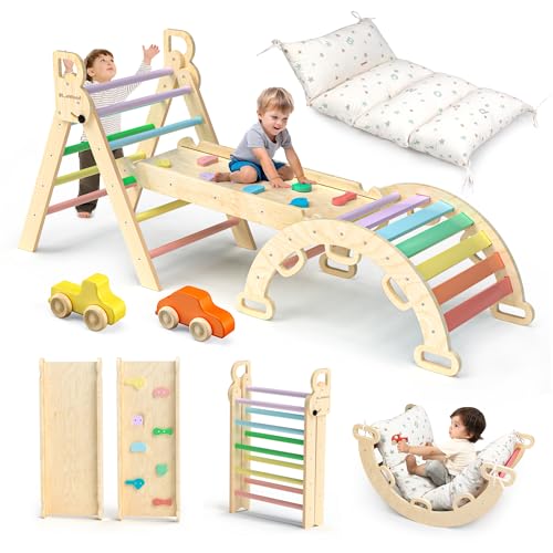 bluewood pikler triangle set with cushion - climbing toys for toddlers 9-in-1 montessori philosophy play jungle gym with arch ramp ladder rainbow