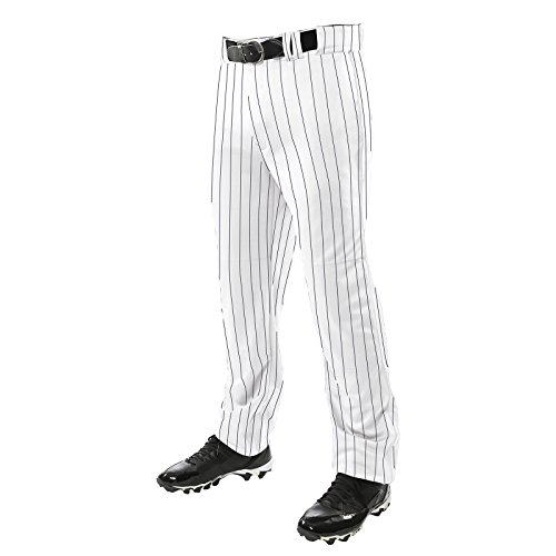 CHAMPRO Men s Triple Crown OB Open-Bottom Loose-Fit Baseball Pant with Knit-in Pinstripes, White, Navy, Medium