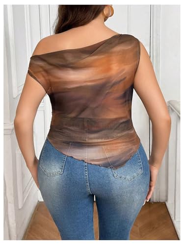 WDIRARA Women's Plus Size One Shoulder Tee Tie Dye Sheer Mesh Tops Ruched Asymmetrical T Shirt2