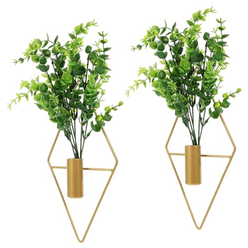 DECHOUS Maceta Colgante de Hierro Dorado en Forma de Rombo, Set de 2 Jardineras de Pared con Hojas de Eucalipto Artificial, Jardinera Vertical Decorativa para Plantas de Exterior