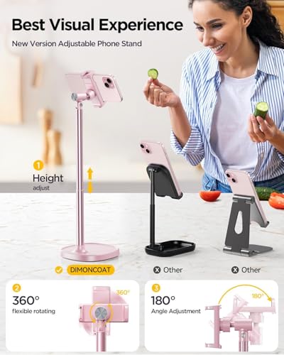 Image of DIMONCOAT Cell Phone Stand for Desk, Stocking Stuffers Gifts for Teens Girls Boys Adults,Phone Holder Angle Height Adjustable, Aluminum Alloy Universal iPhone Stand for iPhone 17 16 15 Pro Max -Pink