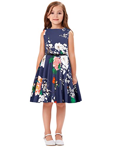 Kate Kasin Girls Sleeveless Vintage Print Swing Party Dresses 6-15 Years (15-16 Years, K250-24) #TOP1