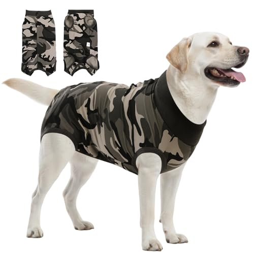 Image of SAWMONG Recovery Suit for Dogs Female Male, Breathable Dog Onesie After Surgery Spay Neuter, Professional Dog Surgical Suit, Substitute Pet E-Collar Cone, Camouflage, Large