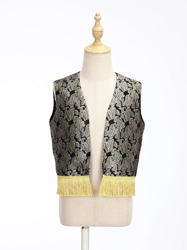 Yartina Boys Arab Prince Outfit Print Fringed Open Waistcoat for Dress Up Parties3