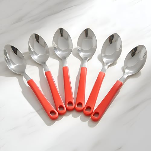 Image of Premium Stainless Steel Table Spoon Set of 6 | 15 cm Large Dinner Spoons, Mirror Finish | Flatware for Dining Table & Kitchen | Dishwasher Safe | Red