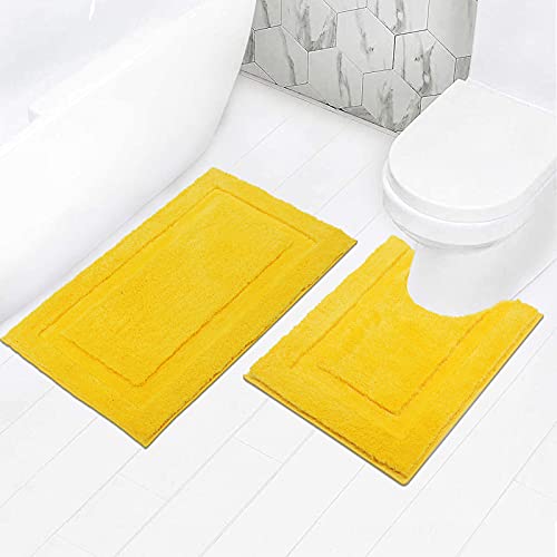 Shacos Bathroom Toilet Rugs Set 2 Pieces Soft Absorbent Bath Rugs With U Shape Toilet Rug Bath Mat Contour Rug Non Slip Microfiber Plush Shower Rug Machine Washable (20"X24"+20"X32",Yellow) #TOP5