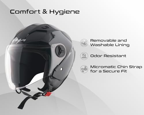 Image of Vega VO-05 Clark ISI Certified Open Face Motorcycle Helmet with High-Impact ABS Shell, Scratch-Resistant Visor, Comfortable Breathable Inner Padding & Secure Strap - Black - M