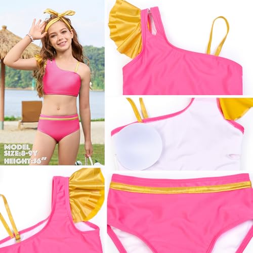 Image of Perfashion Girls Swimsuit Bikini Set Two Piece Bathing Suit Metallic Ruffled One Shoulder Swimwear with Hairband 4-13Y