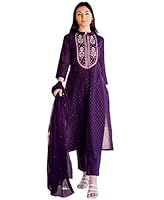 GoSriKi Women's Cotton Blend Straight Printed Kurta with Pant & Dupatta (RAJI-BEGANI-GS_S_Purple_Small)