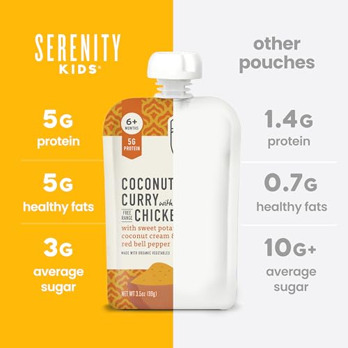 Serenity Kids 6+ Months Baby Food Pouches Chicken Coconut Curry Puree - Ethically Sourced Chicken & Non-GMO Veggies - BPA-Free for Baby Food Pouch - 3.5 Oz, 6 Pack - Thumbnail 7