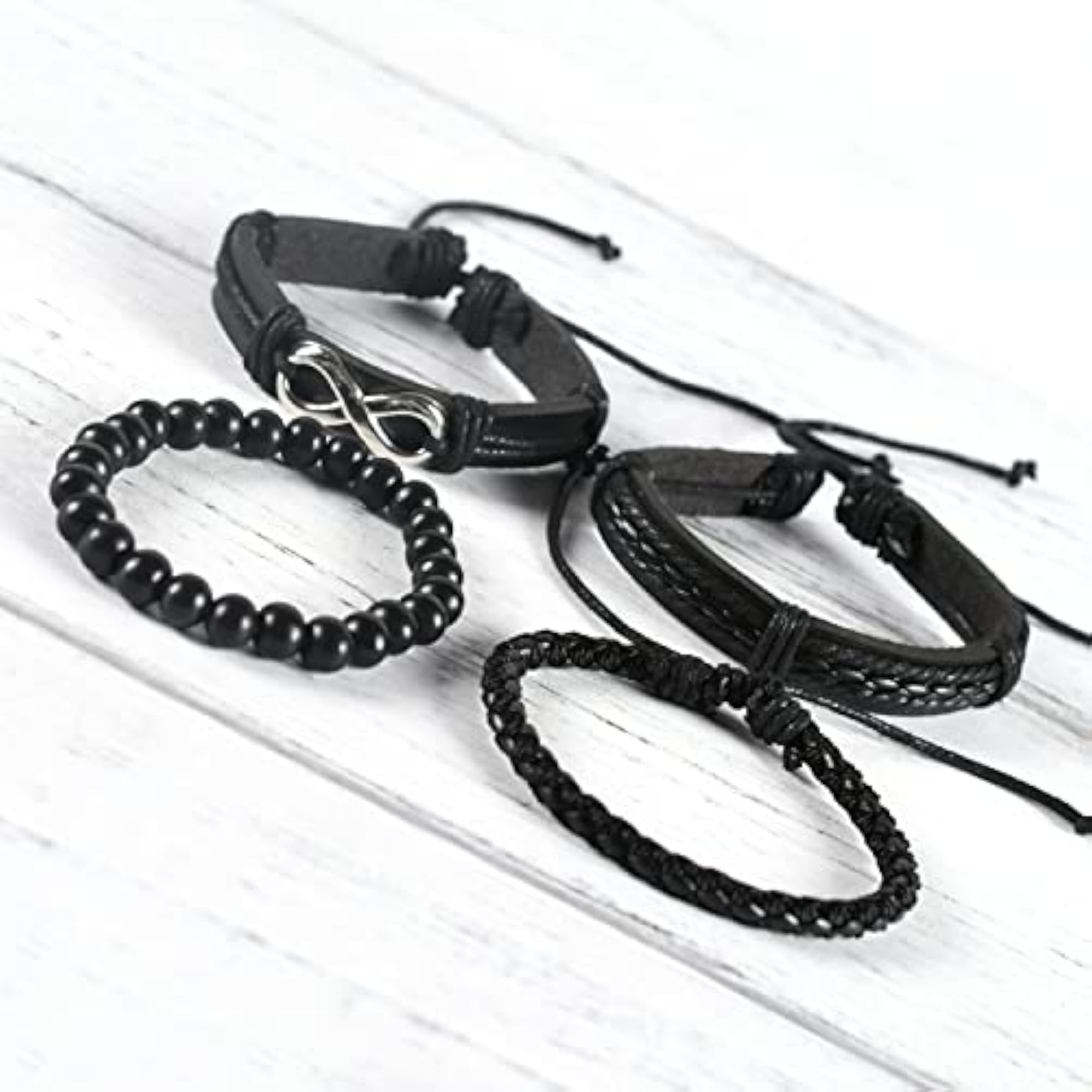 Black Synthetic Leather Pack of 4 Stylish Bracelets for Men