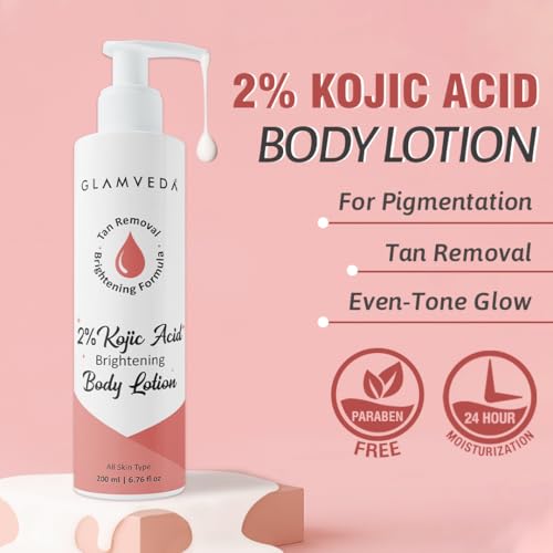 Image of Glamveda Body Lotion with 2% Kojic Acid & Alpha Arbutin 200ml Pack of 1 | 24hr Deep Moisturizer for Dry Skin, Nourishes & Protect Skin | Remove Dark Spots, Pigmentation, Tan Removal | Non Greasy | All Skin Type