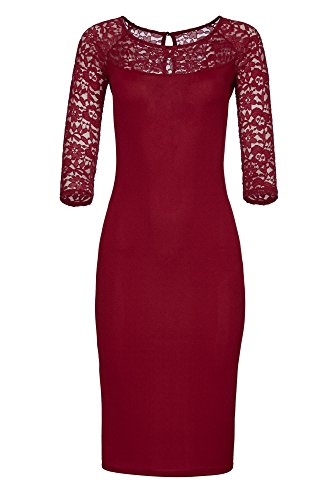 Laeticia Dreams Damen Kleid aus Spitze Langarm Wadenlang S M L XL XXL XXXL, Farbe:Weinrot Modell 2017;Größe:40