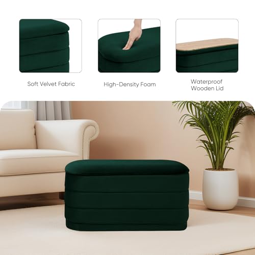 Image of 30 inch Velvet Storage Ottoman Bench with Wooden Tray Lid, Folding Large Upholstered Ottoman Footstool for Living Room, Rectangular Padded Foot Rest for Bedroom Living Room Dorm, Bottle Green