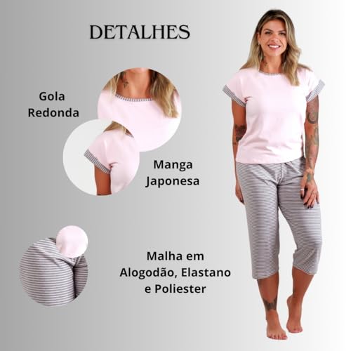 Pijama Pescador Adulto Feminino Blusa Calça Curta (BR, Alfa, M, Regular, Regular, Rosa Bebê)