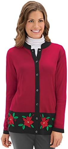 Embroidered Poinsettia Button Front Cardigan