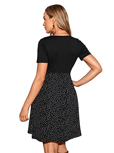 Verdusa Women's Casual Maternity Dress Round Neck Short Sleeve Polka Dot Combo Midi Dress Pregnancy Dress Black M #TOP1