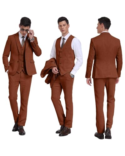 Image of Retro 3 Piece Suit Tweed Herringbone Men's Suits Slim Fit Jacket Vest Pant | Tweed Wool Blend Retro 3 Piece Suit Herringbone Men's Suits Vintage Wedding Groom Tux Set Dress Prom Single Breasted Jacket