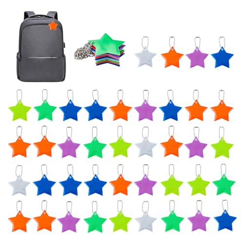 NICENEEDED 40 PCS Safety Reflector Pendants, Star Reflector Pendant with Chains, Waterproof reflective Zipper Keychain Reflector Keyrings Safe Pedestrian Bag Pendant for Backpack School Bag