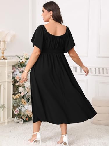 Women Plus Size Dress Wedding Guest Formal Ruffle Short Sleeve Square Neck Smocked Flowy A Line Slit Maxi Dresses3