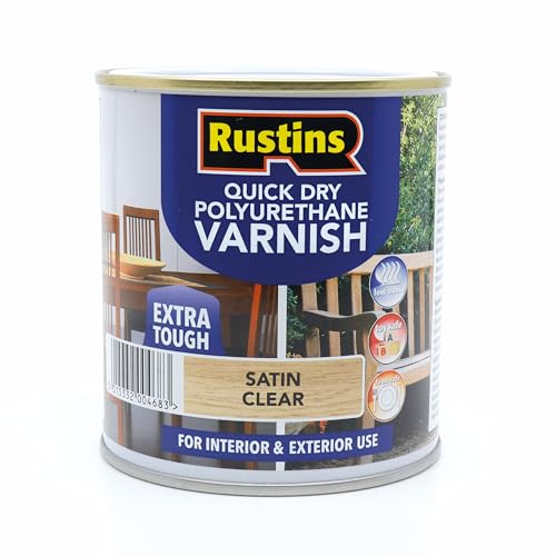 RustinsQuick Dry Poly Varnish Satin Clear 500ml -Tough Water-Based Clear Finish in Gloss Matt or Satin; Durable Protection for Interior Wood Furniture and Floors