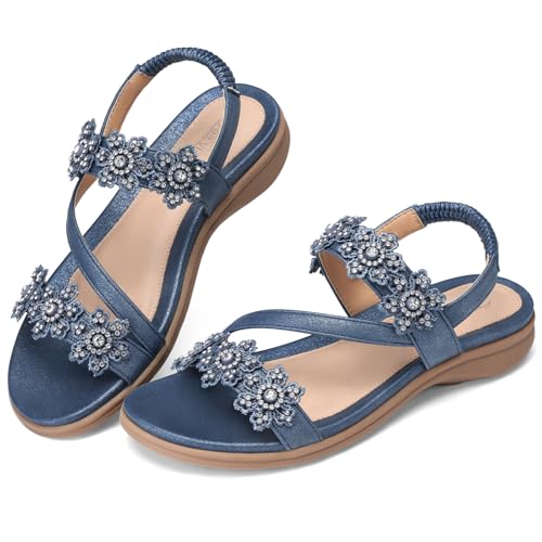 Image of TEMOFON Sandals for Women Flat Dressy Summer Flower Sandals with Ankle Strap Comfortable Casual Walking Flat Sandals Size 5-11