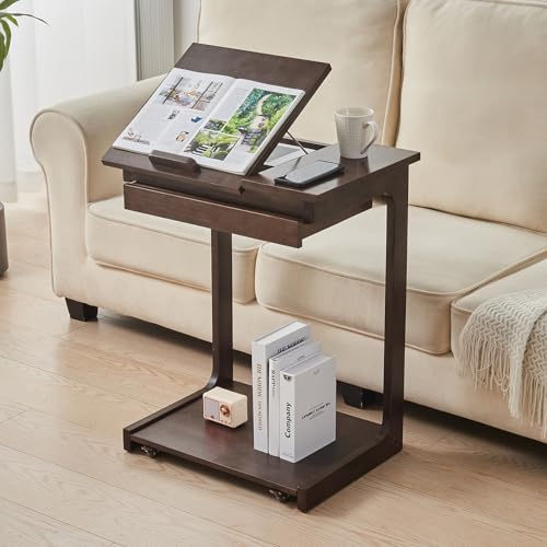 Image of Uniclinens C Shaped End Table for Couch, Rolling Side Table with Wheels Adjustable, Solid Wood TV Sofa Arm Eating Tray Table for Multi-Purpose, Small Coffee Table Living Room Bedroom, Walnut